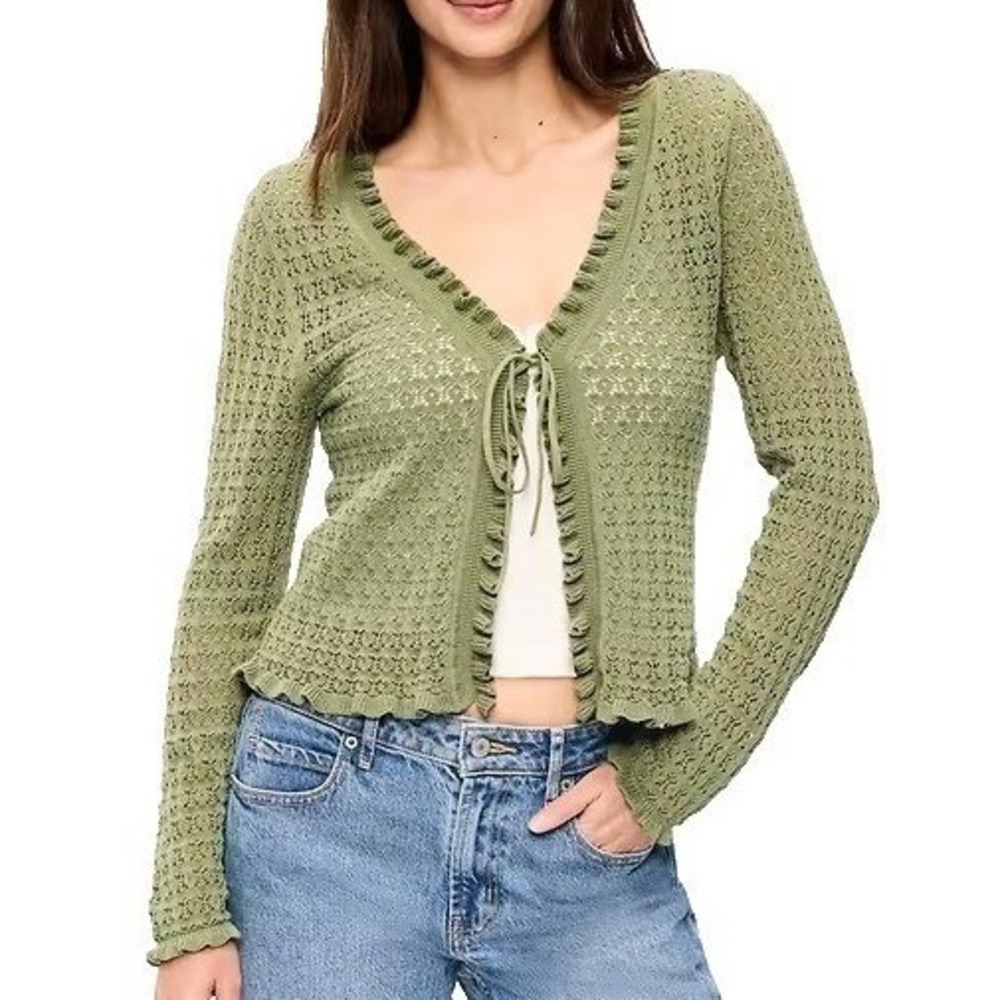 Old Navy Seaside Cotton Tie-Front Cardigan Womens XS Olive Green Coquette Ballet